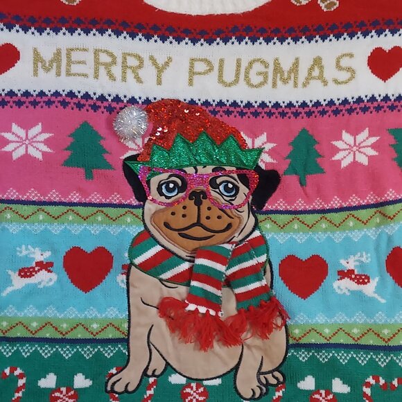 Holiday Ugly Christmas Sweater Women's Red Pug Dog Puppy 3D Merry Pugmas 2X NWT - Picture 2 of 5